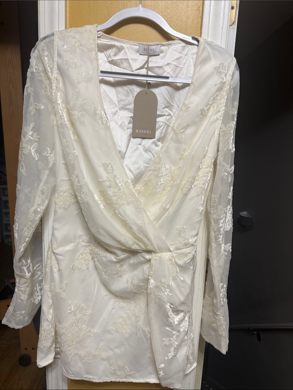 Meshki Emory Burnout Velvet Mini Dress White Xs Nwt Sheer Sleeve Bridal